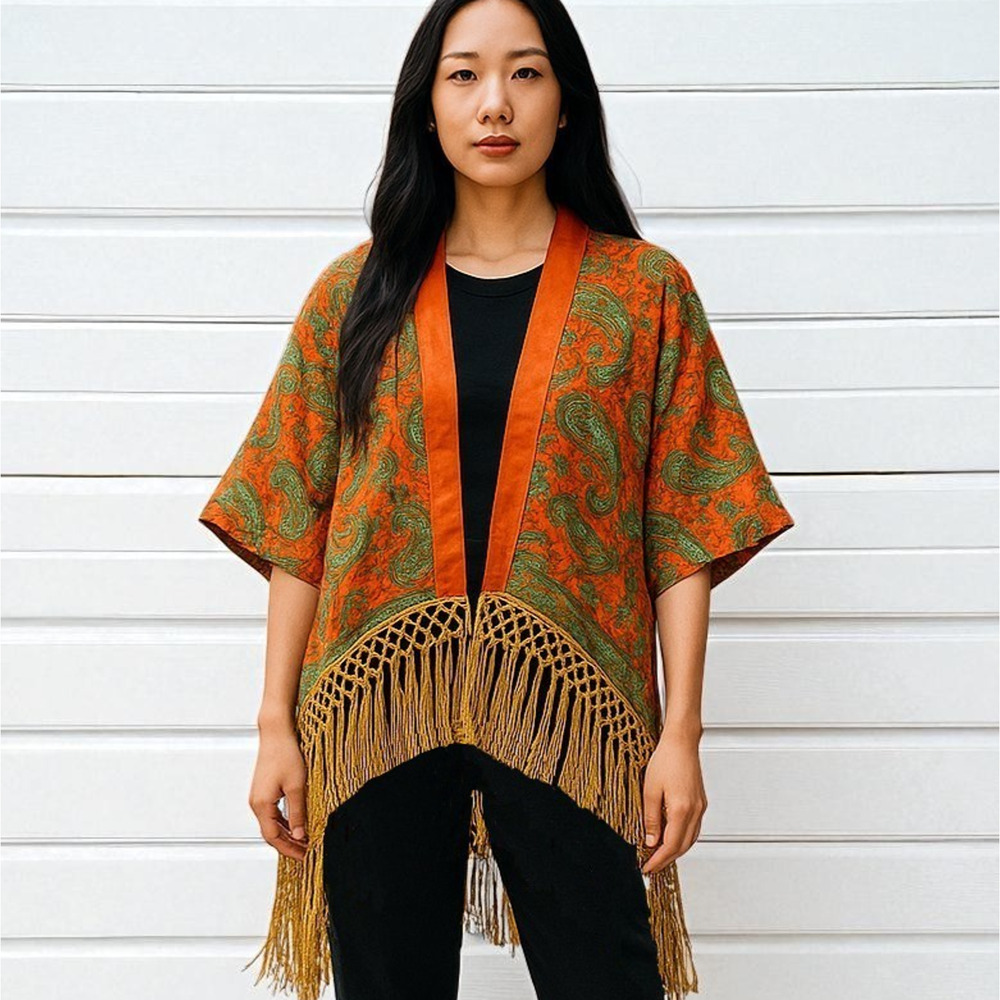 Forever 21 Womens Paisley Gold Fringe Kimono Cardigan Size Medium Satin Boho